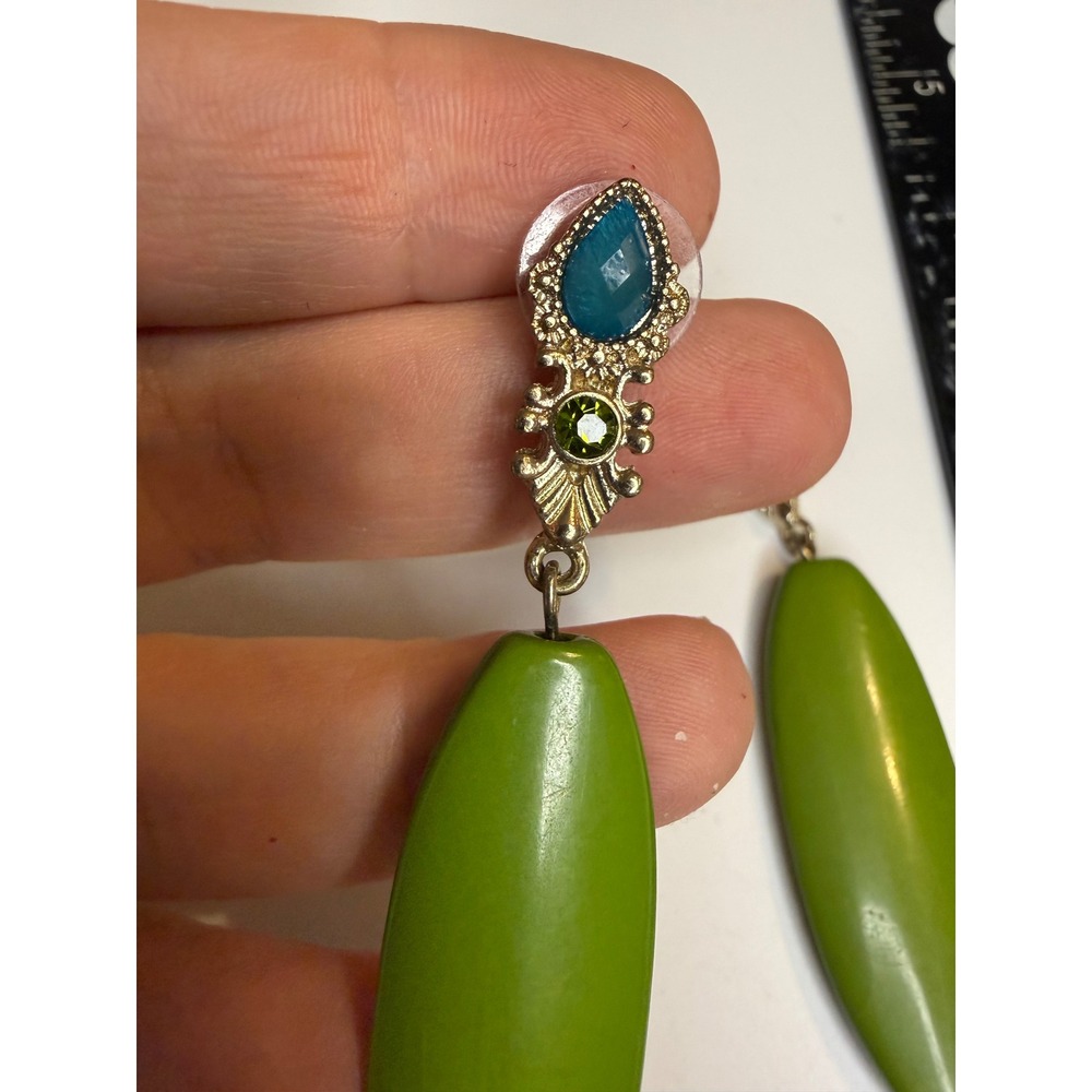 Bohemian Gold Tone Green Resin Oblong Drop Earrings Teal Blue Stone Accents